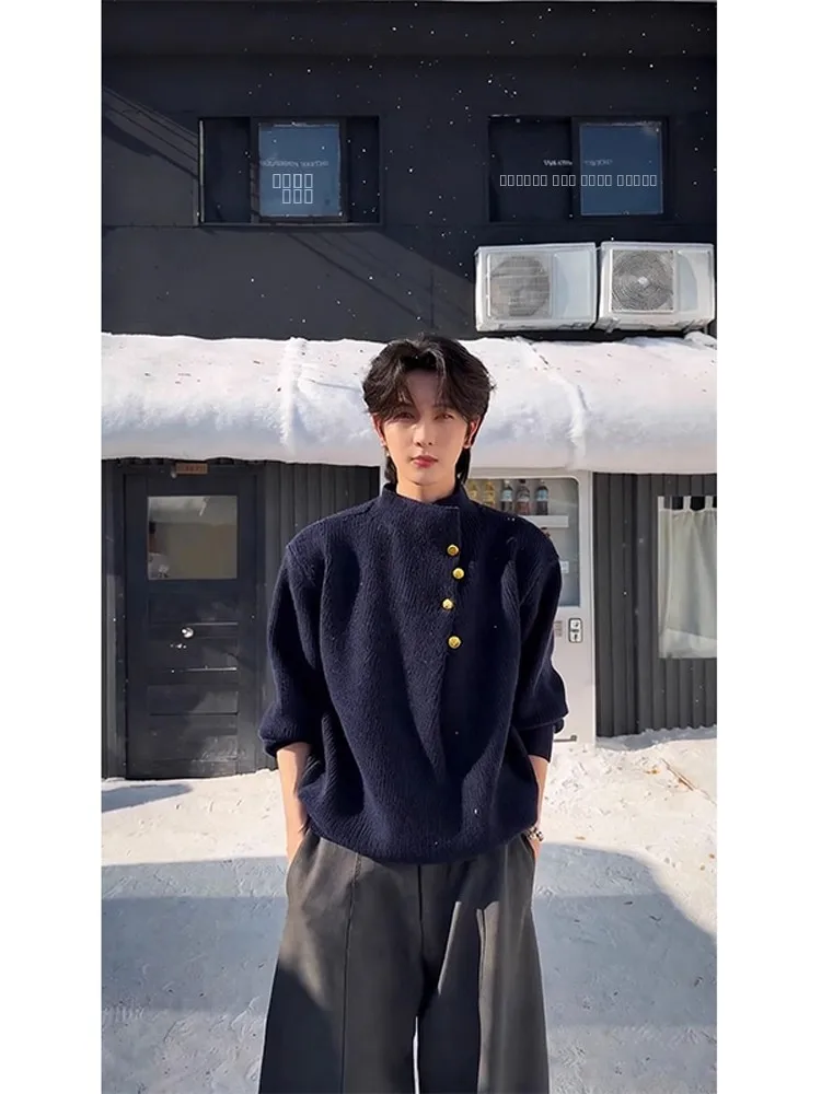 

Heavyweight f-High Collar Men's Knitted Sweater Regular Fit Casual Sle Polyester Fiber Long Sve Button Design Sweater