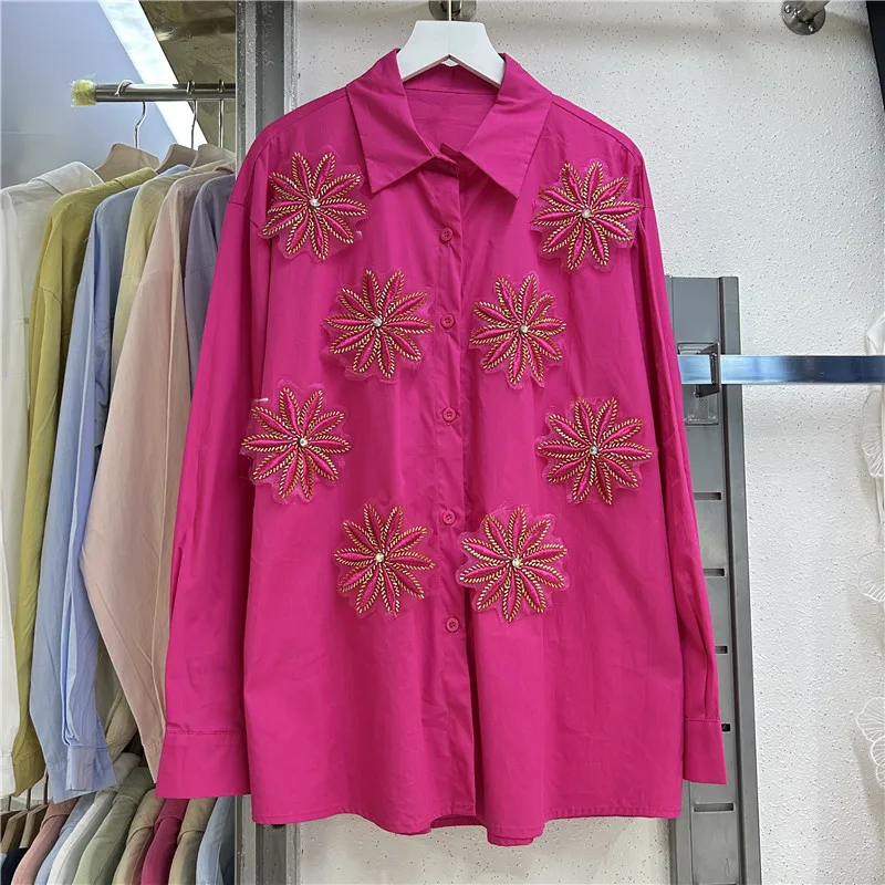 Blouses Women Shirt Vintage Turn Down Collar Full Sleeve Tops Single Breasted Embroidery Y2k Streetwear Elegant Shirts Spring