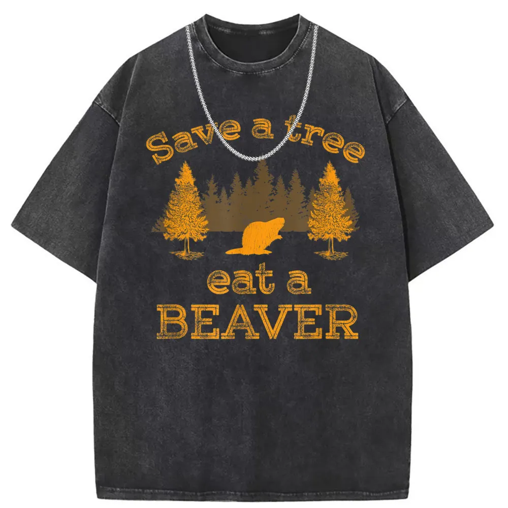 Save A Tree Eat A Beaver Man Retro Printed T-shirts High Quality Washed Cotton Sweatshirts Long Sleeve Tee Shirt Men Tshirts