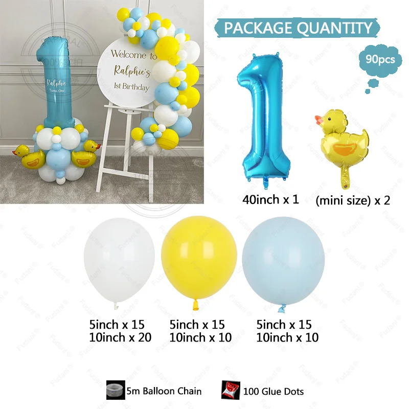 90pcs Mini Duck Balloons Set Farm Animal Foil Balloons with 40inch Blue Number Balloon for Birthday Baby Shower Party Decoration