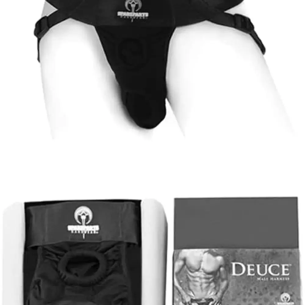 Deuce Male Washable Adjustable (Double Strap) Harness - Black Size B, Belt 35"-65", Lower Hole 1.5"-1.87"