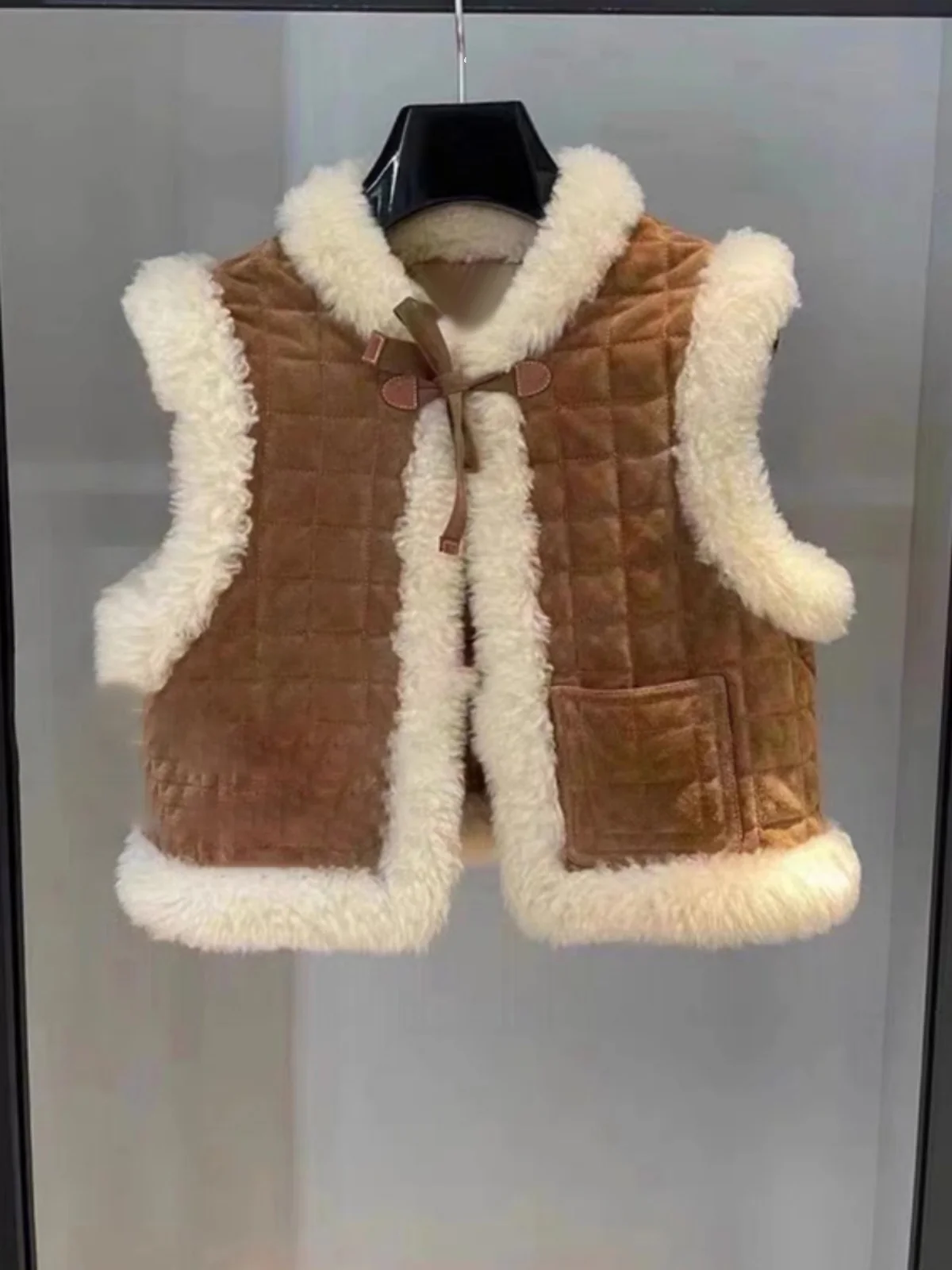 

Retro Lamb Fur Warm Vest Outerwear Spring Autumn New Sle Small Ele Loose Versatile Open Cardigan Plaid Vest Women