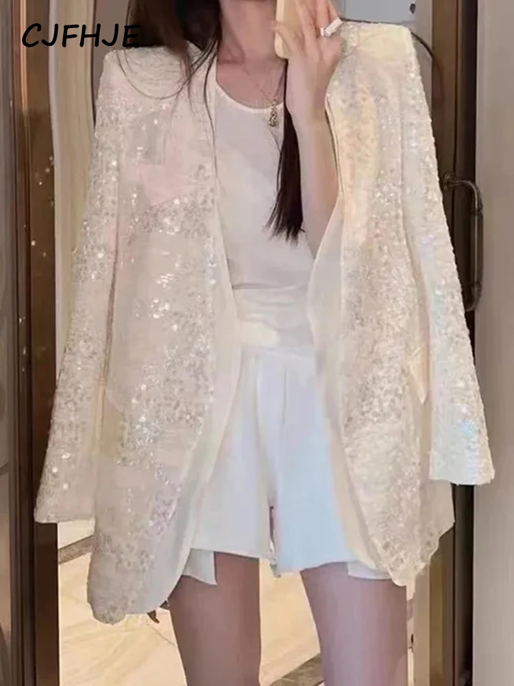 CJFHJE High Street White Sequin Suit Coats Women New Korean Fashion Spring Summer Black Blazer V-neck Elegant Lady Tailored Coat