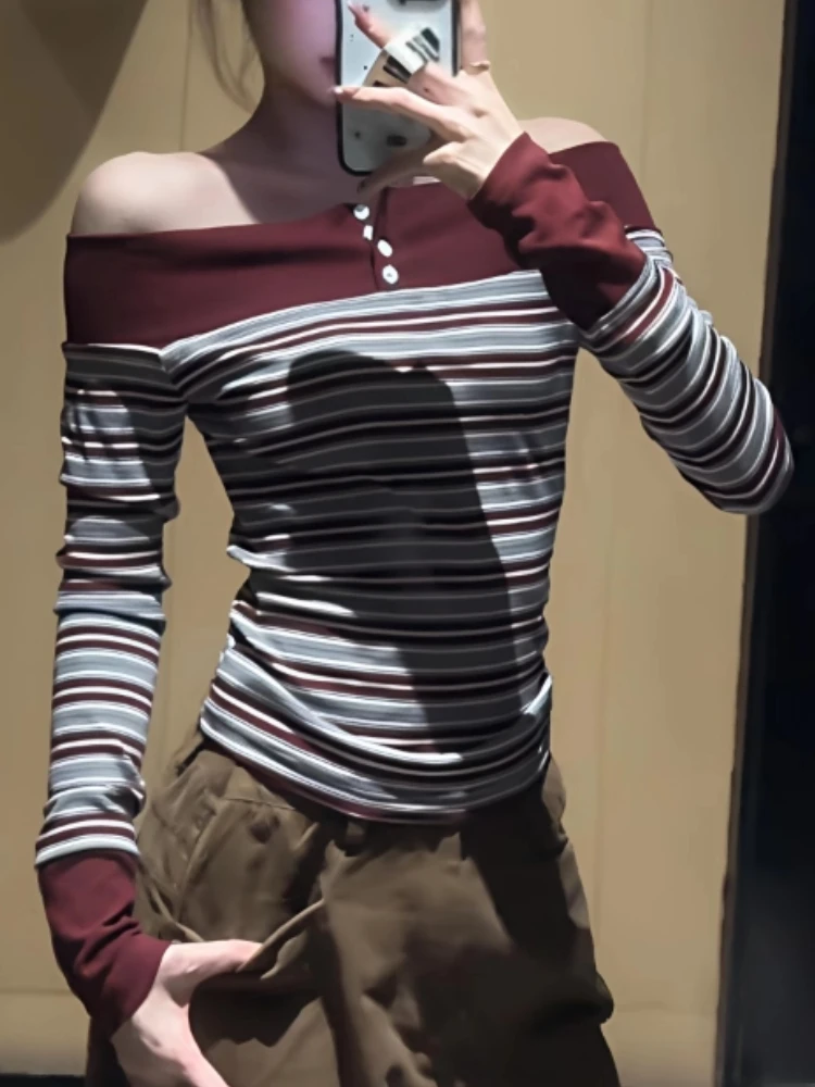 

Женские полосатые топы в стиле ретро с цветными блоками и открытыми плечами Y2k, тонкая футболка с длинными рукавами, осень-зима, новая сексуальная повседневная одежда 2000-х годов