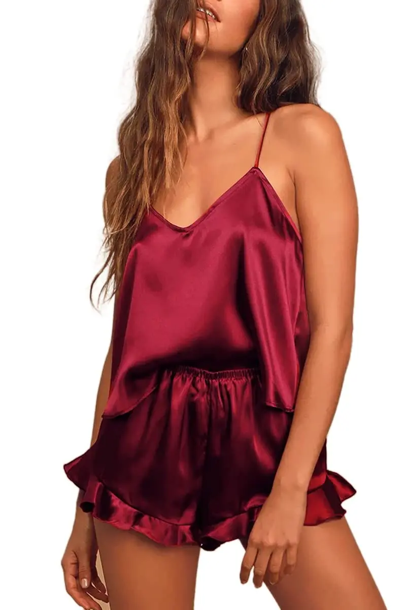 Sexy Silk Satin Pajama Set for Women – V-Neck Cami Top and Ruffled Shorts Bridal Lingerie, Perfect for Nightwear