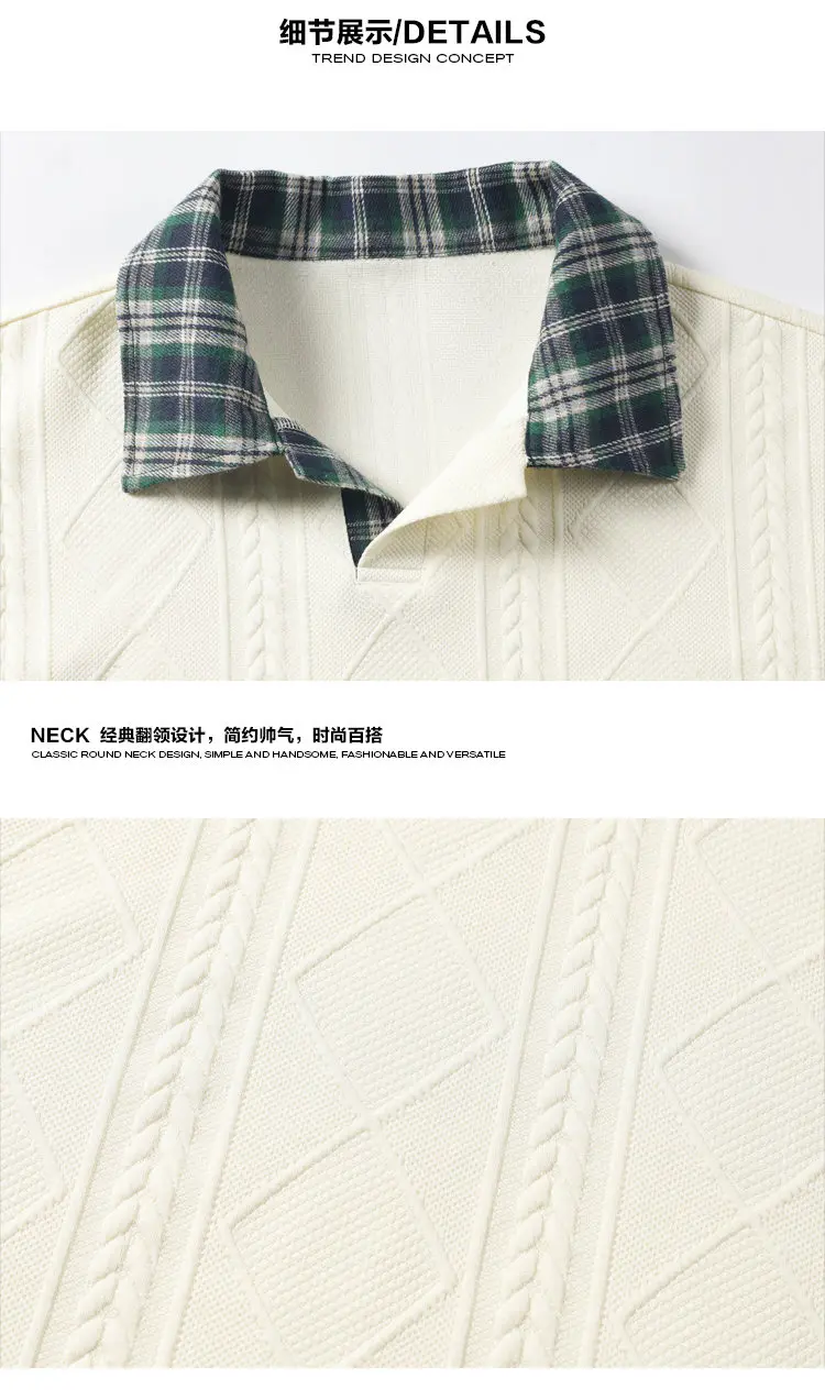 Herren-Sweatshirt mit Kontrastkragen und langen Ärmeln, Herbst-Diamant-Jacquard-Strick, lockere Passform, lässige Oberteile, halber Reißverschluss, Alltagskleidung – Detail 12