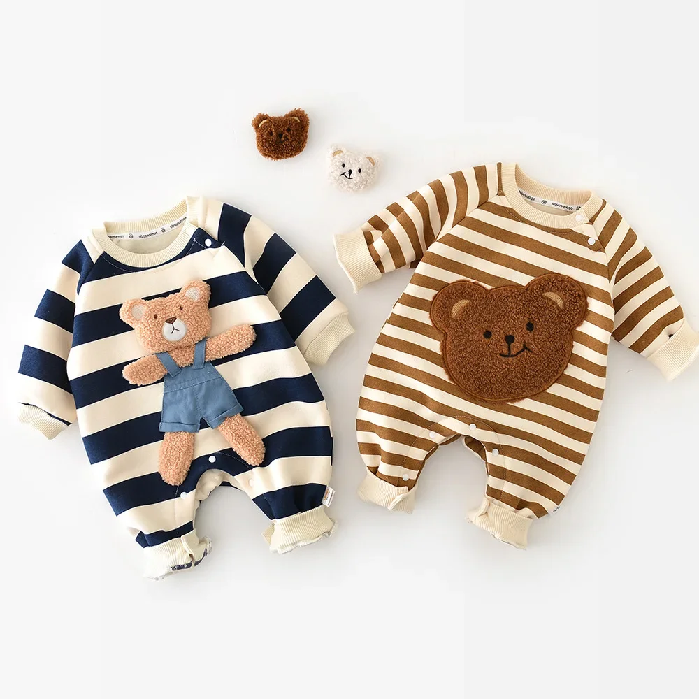 Spring Baby Rompers Thicken Lining Boys Jumpsuits Cartoon Bear Stripes Outfit