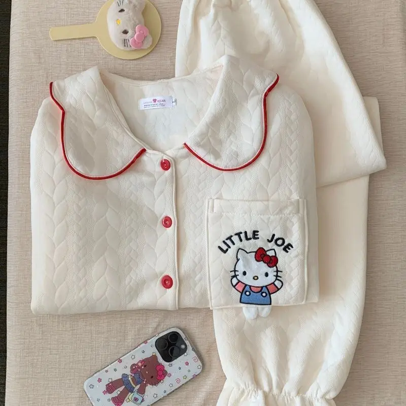 Ar algodão hellokitty pijamas meninas outono inverno sanduíche grosso quente cardigan dos desenhos animados bonito estilo quente roupas de casa conjunto de duas peças