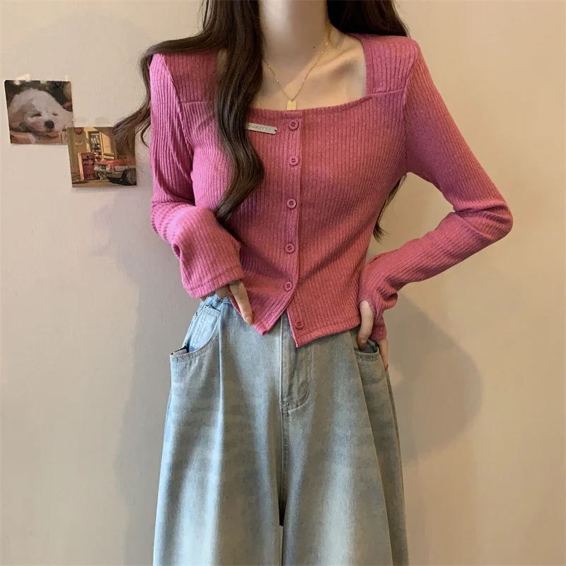 Square Collar Base Shirt For Women Spring And Autumn Interior Slim Fit And Versatile Short Raspberry Powder Knitted Shirt Top