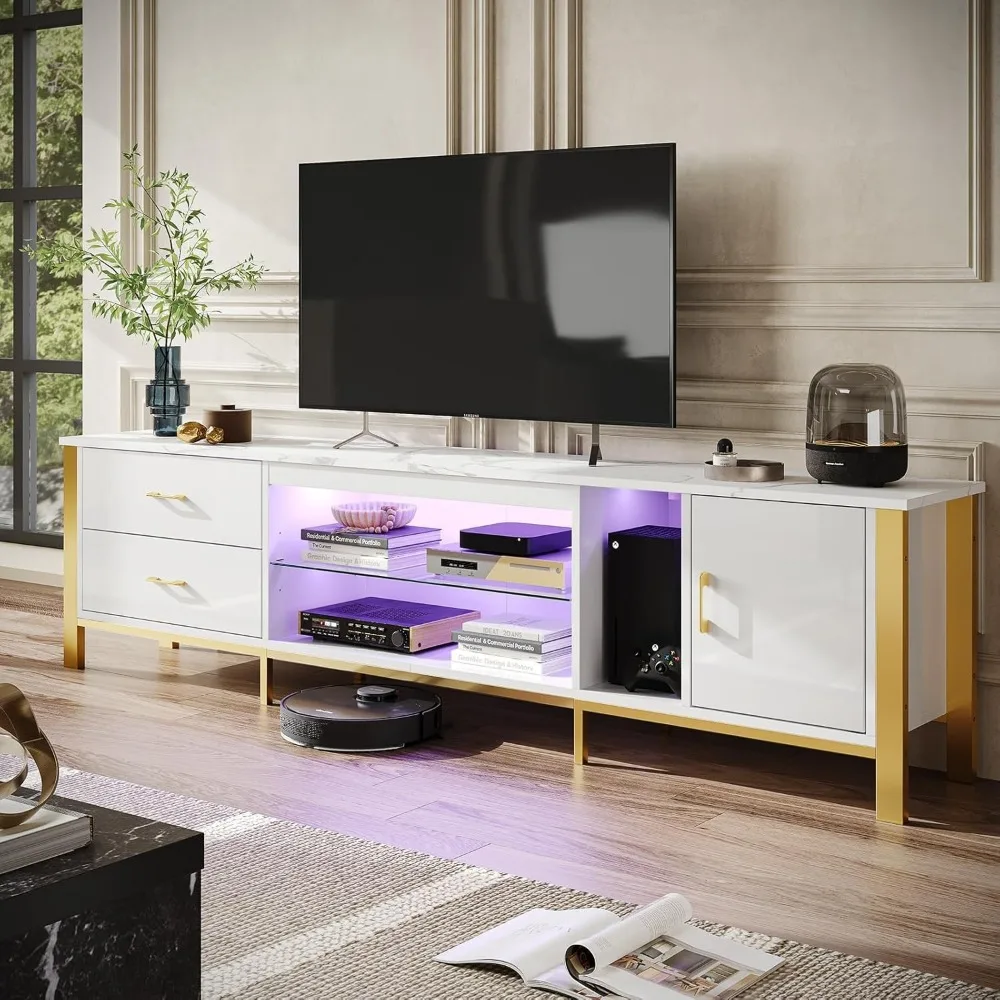 TV Stand for 75/80/85 inch TVs, LED Gaming Entertainment Center, Media Console with Glass Shelves for Living Room, 2 Storage Dr