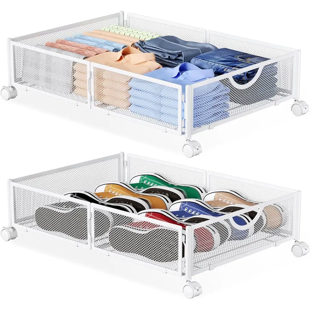 

Under Bed Storage with Wheels, 2 Pack Organizer, Metal Containers for Clothes, Shoes, White