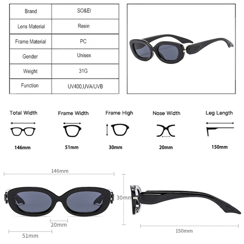 SO&EI Ins Popular Fashion Oval Sunglasses Women Retro Brand Designer Shades UV400 Men Blue Champagne Sun Glasses