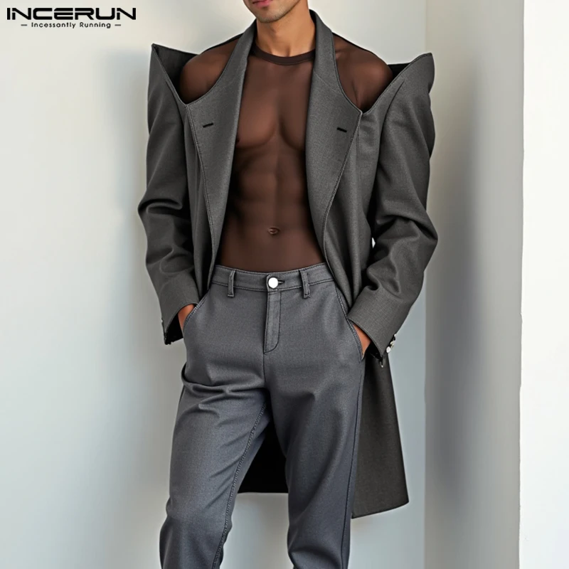 INCERUN Handsome Men's Tops Stylish Shoulder Hollow Medium Long Suit Coat Casual Clubwear Solid Personality Long Sleeved Blazer