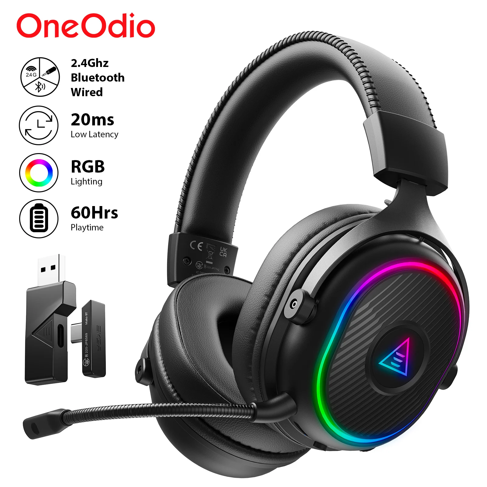 Oneodio EKSA MaKo BT Cuffie da gioco Bluetooth Over Ear Cuffie wireless da 2,4 GHz Gamer 20 ms Bassa latenza con microfono per PC/PS4/PS5