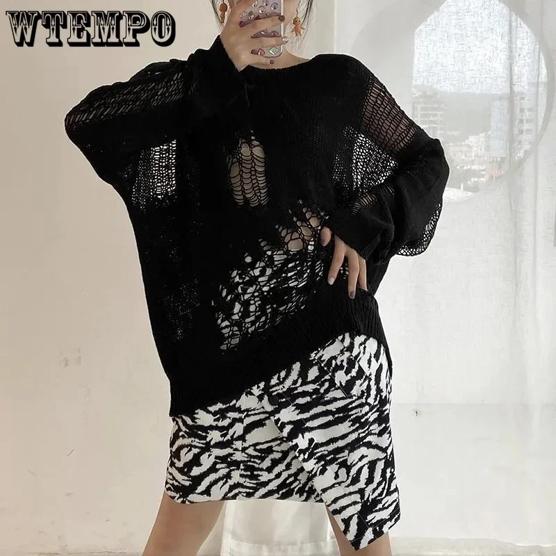 

Women's Sweater Broken Hole Knitted Top Simple Loose Long Sleeve Y2k Clothes Outerwears