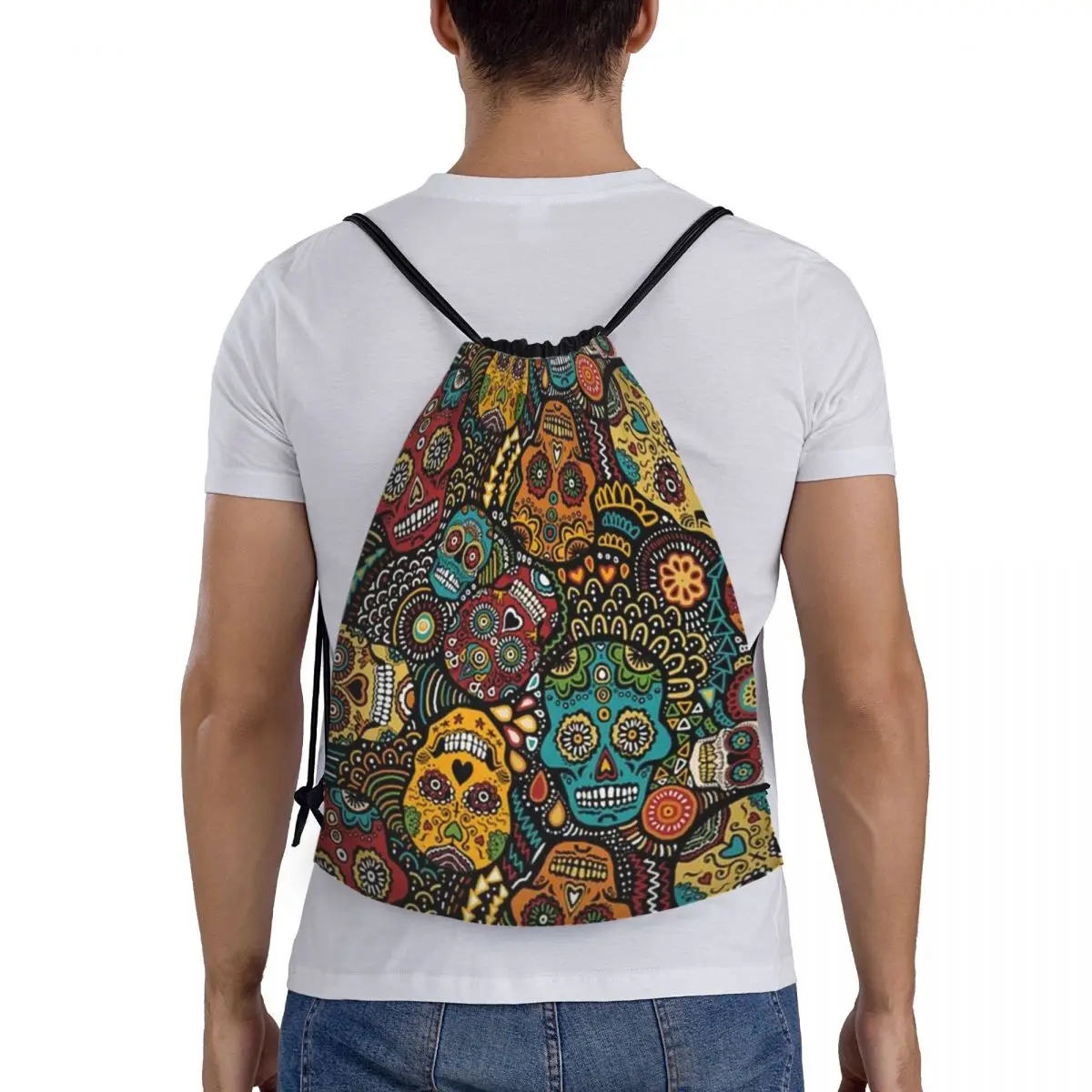 Mochila com cordão para homens e mulheres, dia dos mortos, caveira de açúcar, esporte ginásio, dobrável, halloween, saco de treino católico, saco