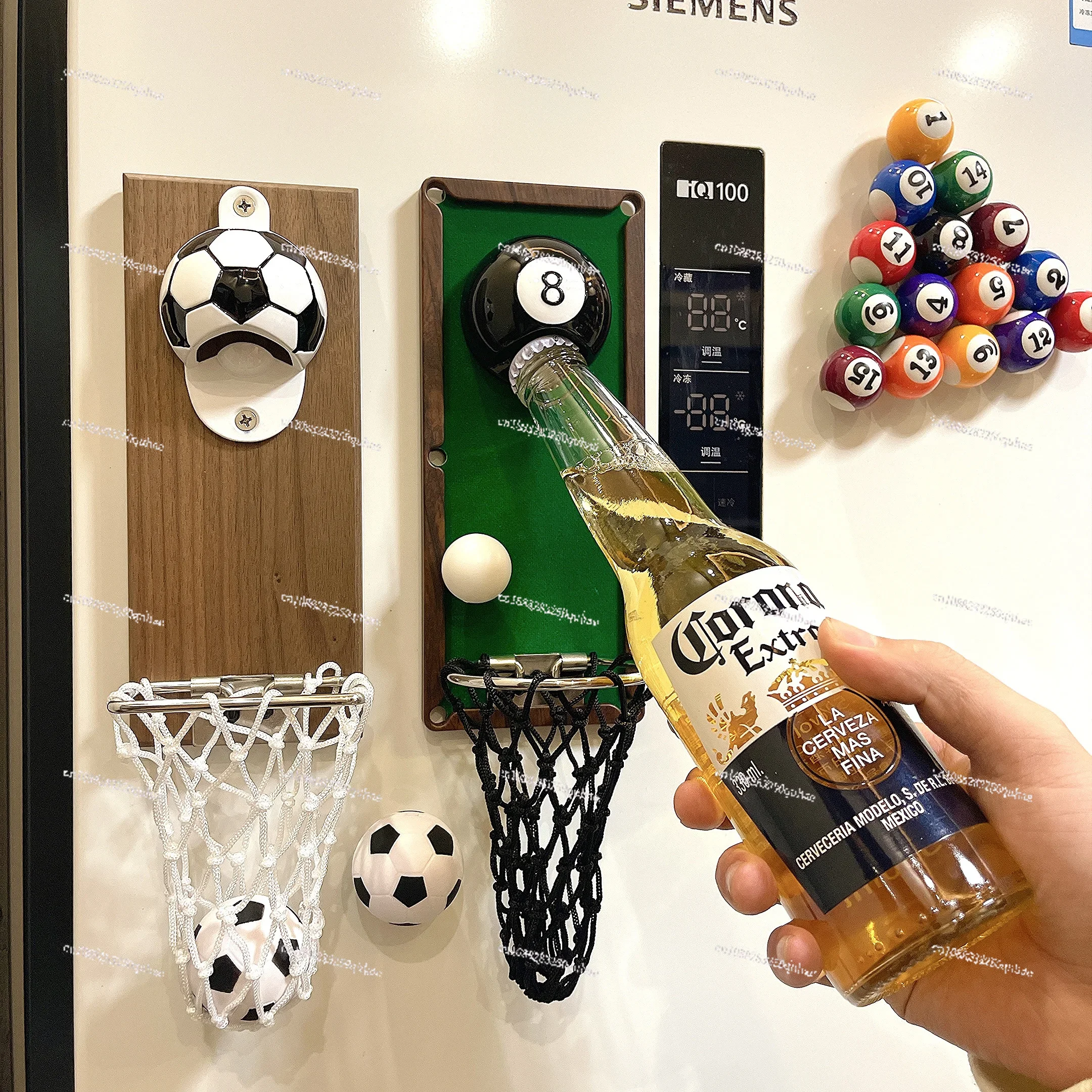 Bottle opener, refrigerator sticker, magnet, bottle opener, football, billiards, basketball, shooting, bottle opener.