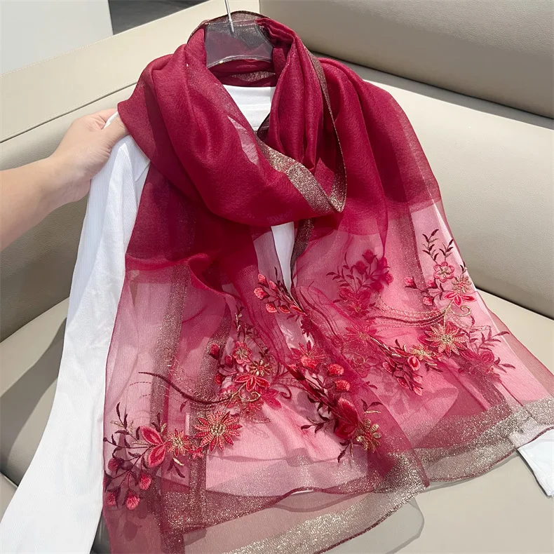 Large Silk Wool Scarf Fashon Beach Shawl Wraps Women Neckerchief Embroidery Female Foulard Stoles Bandana Hijab Scarves poncho