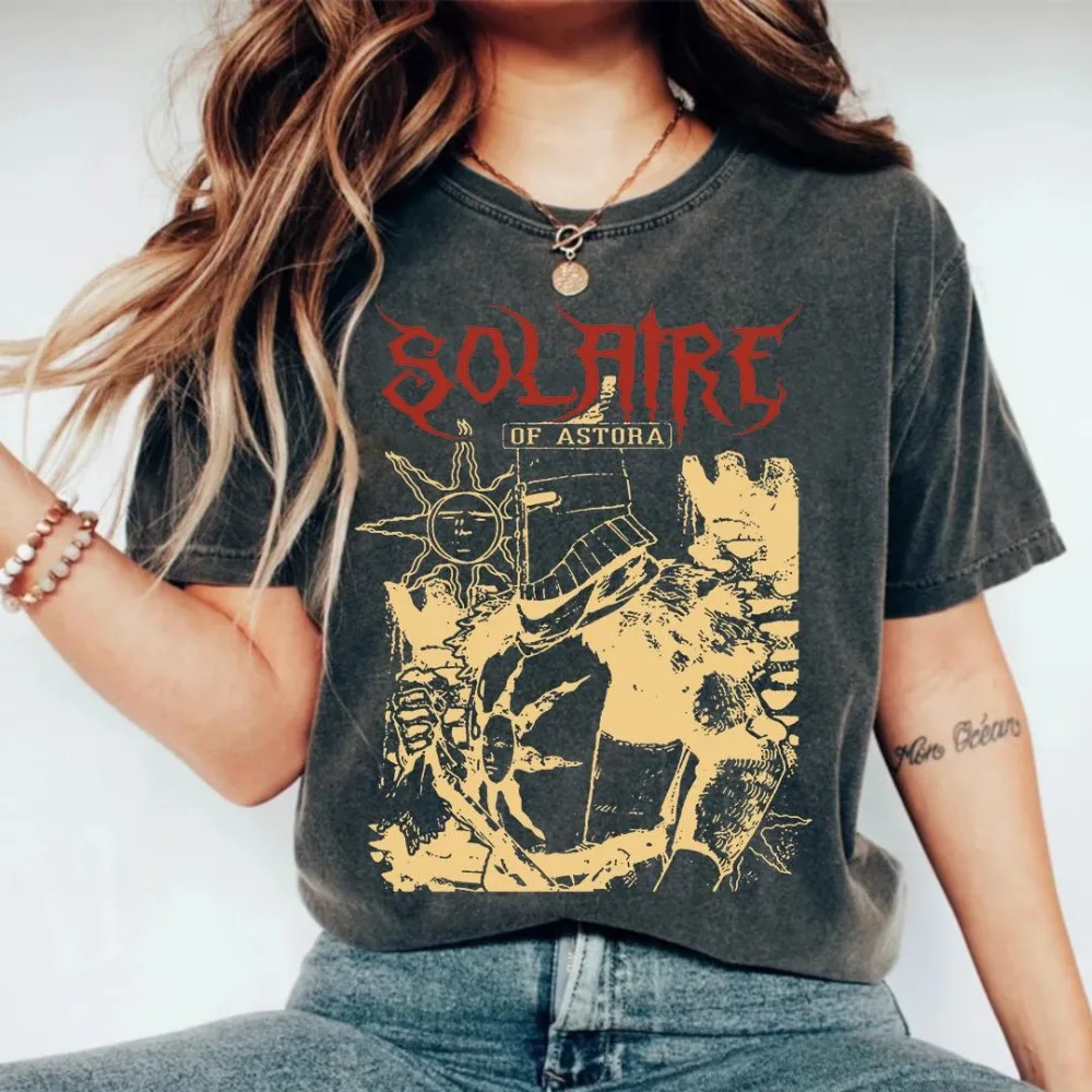 Solaire Dark Souls Vintage Wash Shirt Praise The Sun Clothing Graphic Short Sleeve Shirt Unisex Men Women All-Season