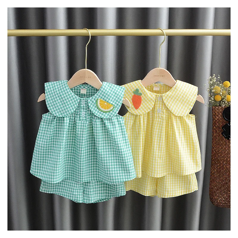 

Summer Clothing Sets New Baby Girl Cute Fruit Cotton Girls Plaid Sweet Princess 2pcs Suit Children's Clothing Kids Vestidos