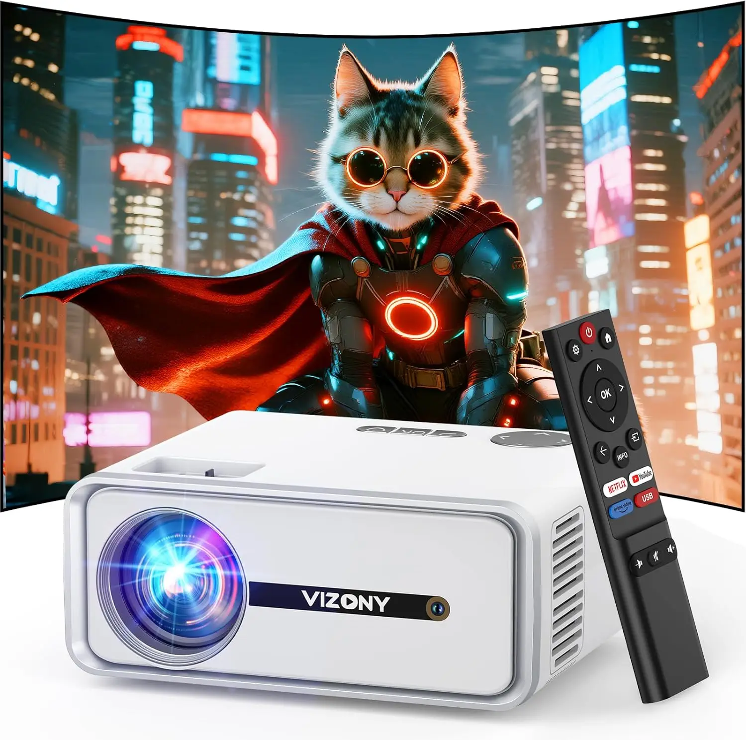 

Умный WiFi Bluetooth-проектор со встроенными приложениями, 1080P HDR10, Dolby Audio, портативный для использования в помещении и на улице