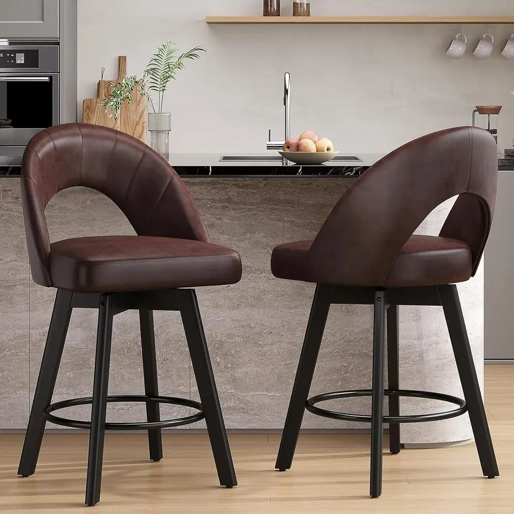 

Set of 2 Swivel Counter Height Bar Stools with Ergonomic Back, Faux Leather Seat, and Solid Wood Legs in Brown