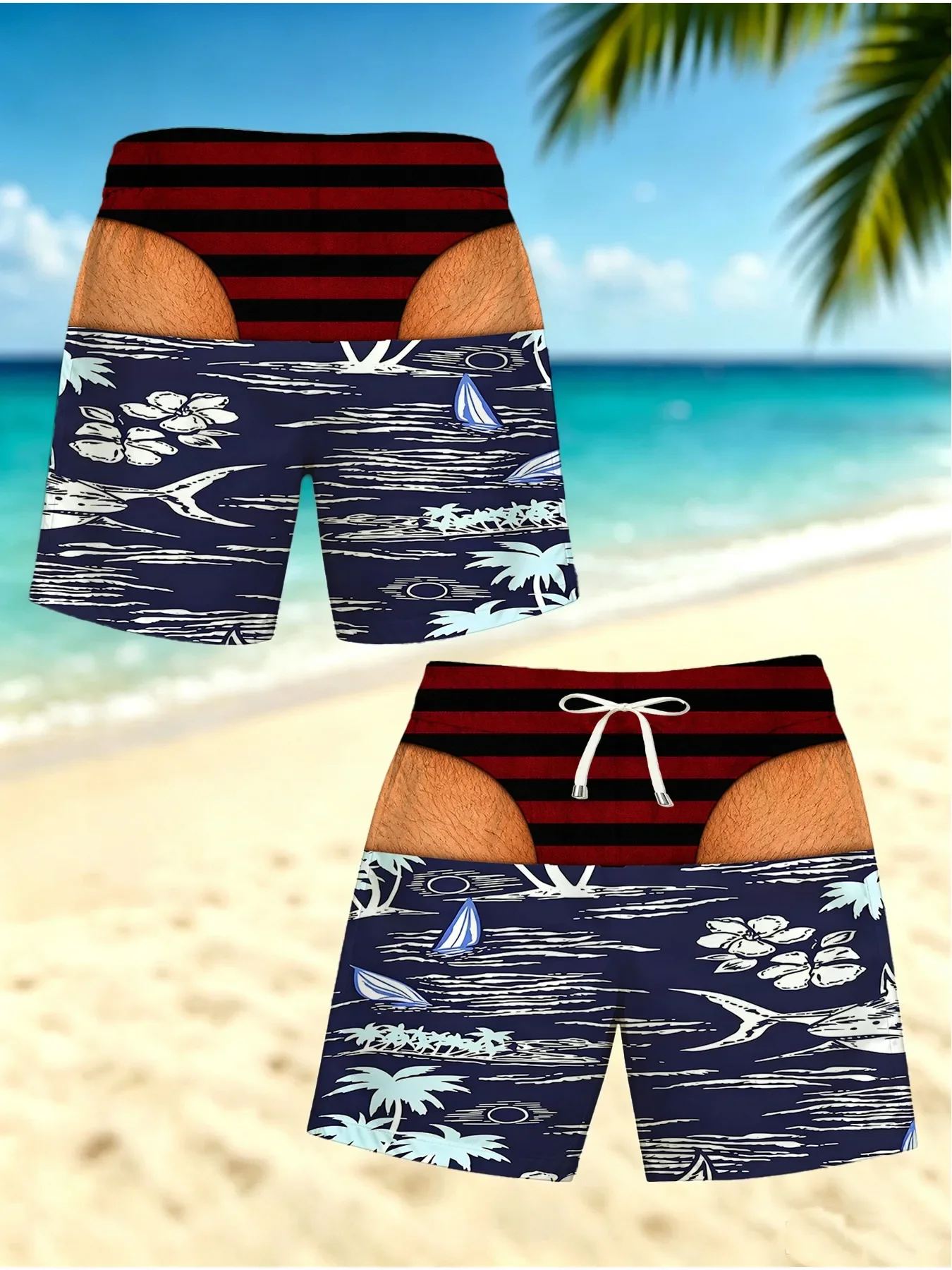 Vibrant Multicolor Hawaii Tropical Floral Men Board Shorts Funny Visual Illusion Print Drawstring Waist Quick Dry Swim Trunks