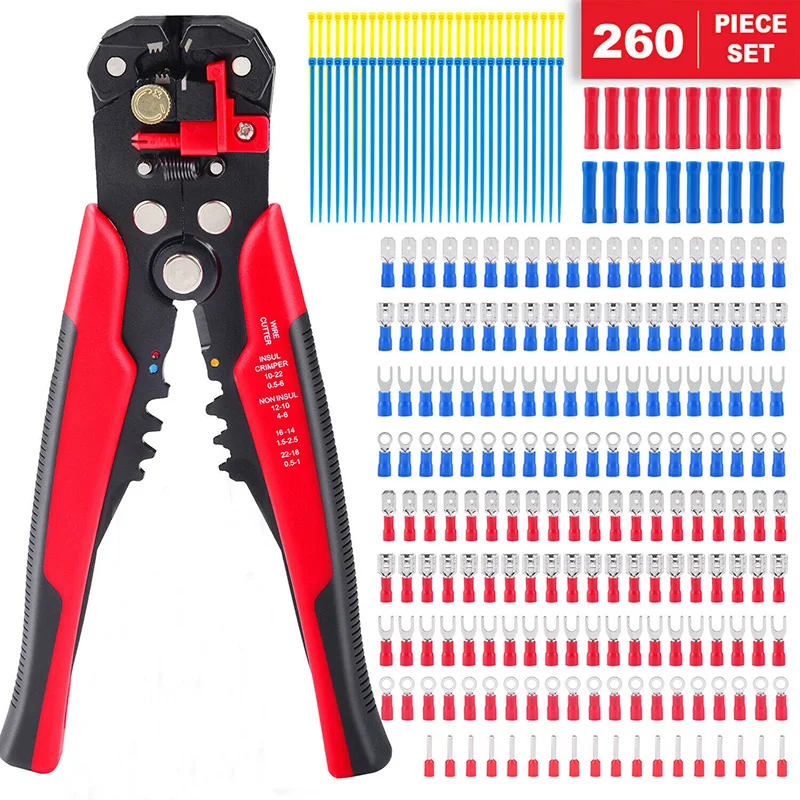 260pcs Assorted Spade Terminals Insulated Cable Connector Electrical Wire Crimp Butt Ring Fork Set Ring Lugs Rolled with Plier