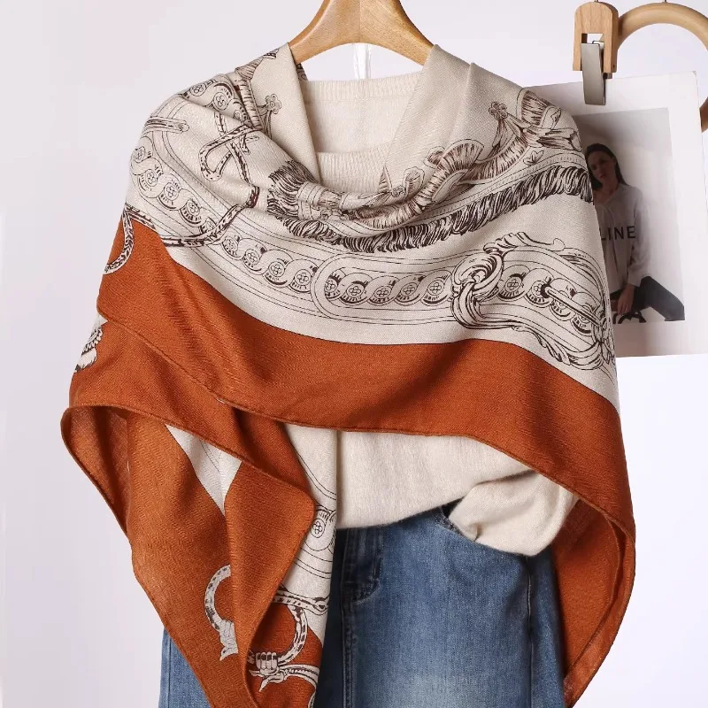 

Шелково-шерстяной шарф с принтом 130x130 см, новый универсальный модный платок для женщин, высококачественный большой квадратный шарф