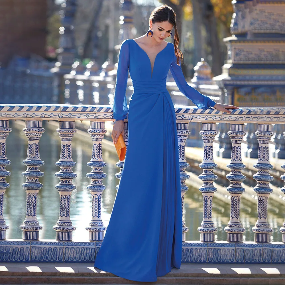 

Elegant Wedding Party Dress Blue Long Sleeves V Neck Mermaid Formal Evening Gowns for Women 2024 Backless Pleats Evening Dresses