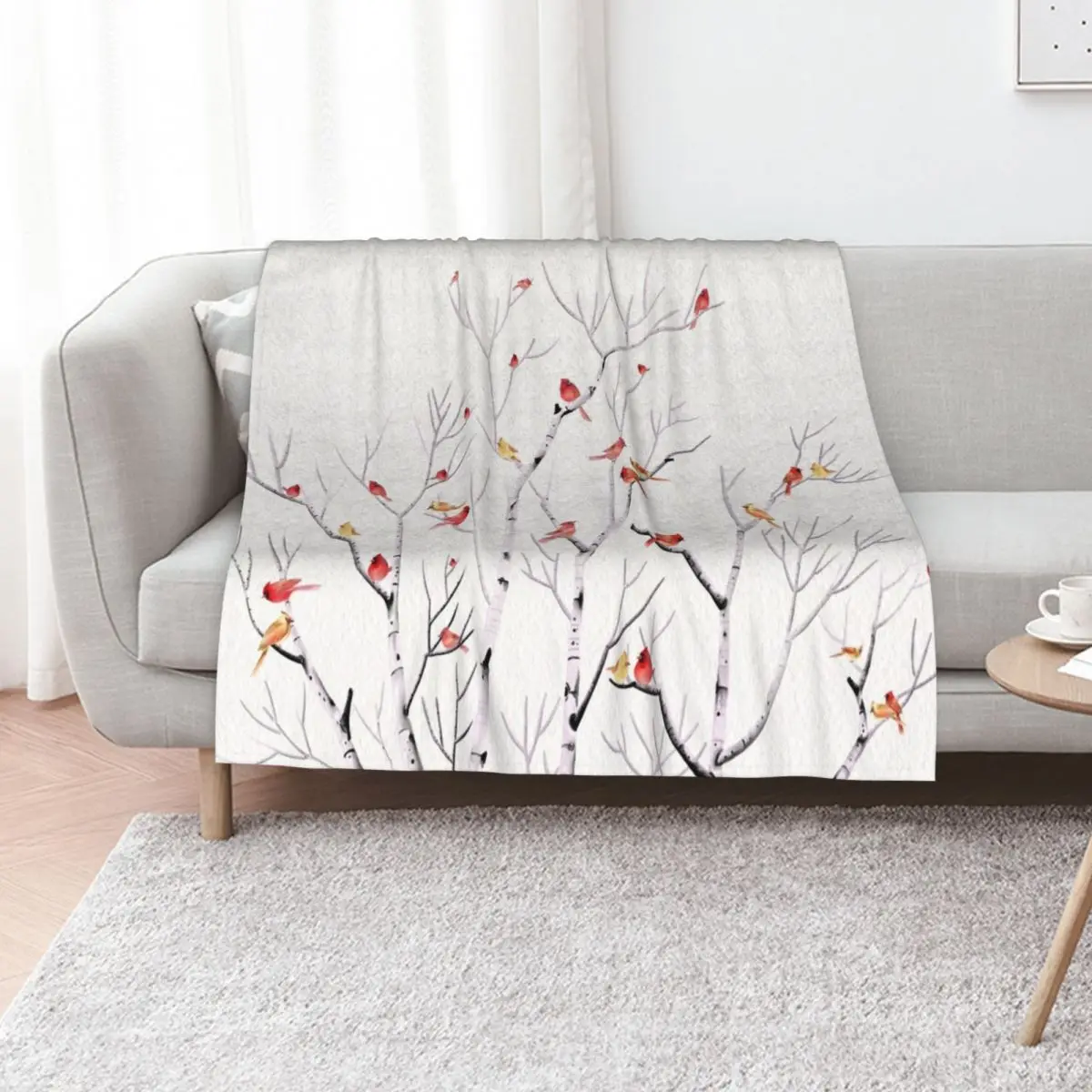 Birch Tree and Cardinal 2 Throw Blanket Thins Plush Decorative Beds Camping Moving Retros Blankets