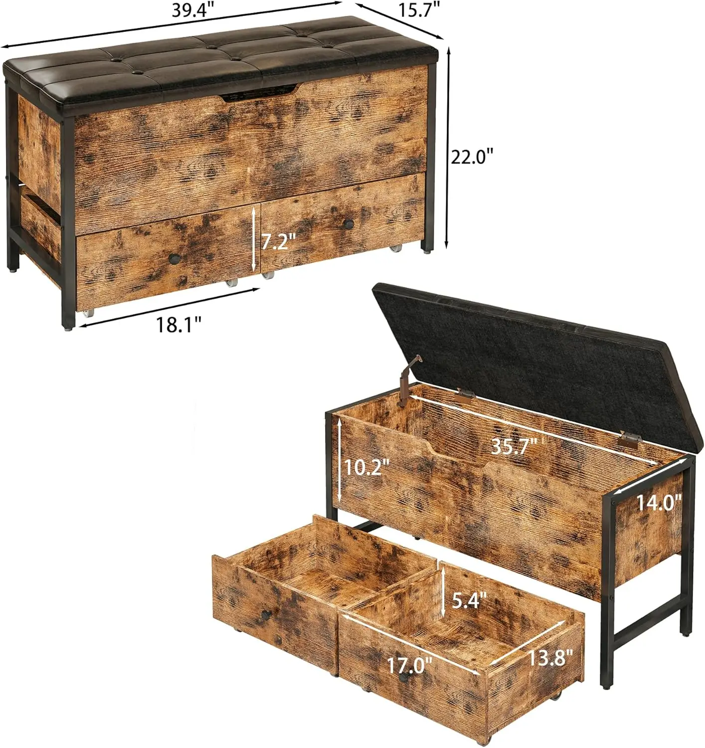 مقعد تخزين خشبي عتيق مع سطح قابل للطي وأدراج، يدعم 320 رطلاً لغرفة النوم أو غرفة المعيشة
