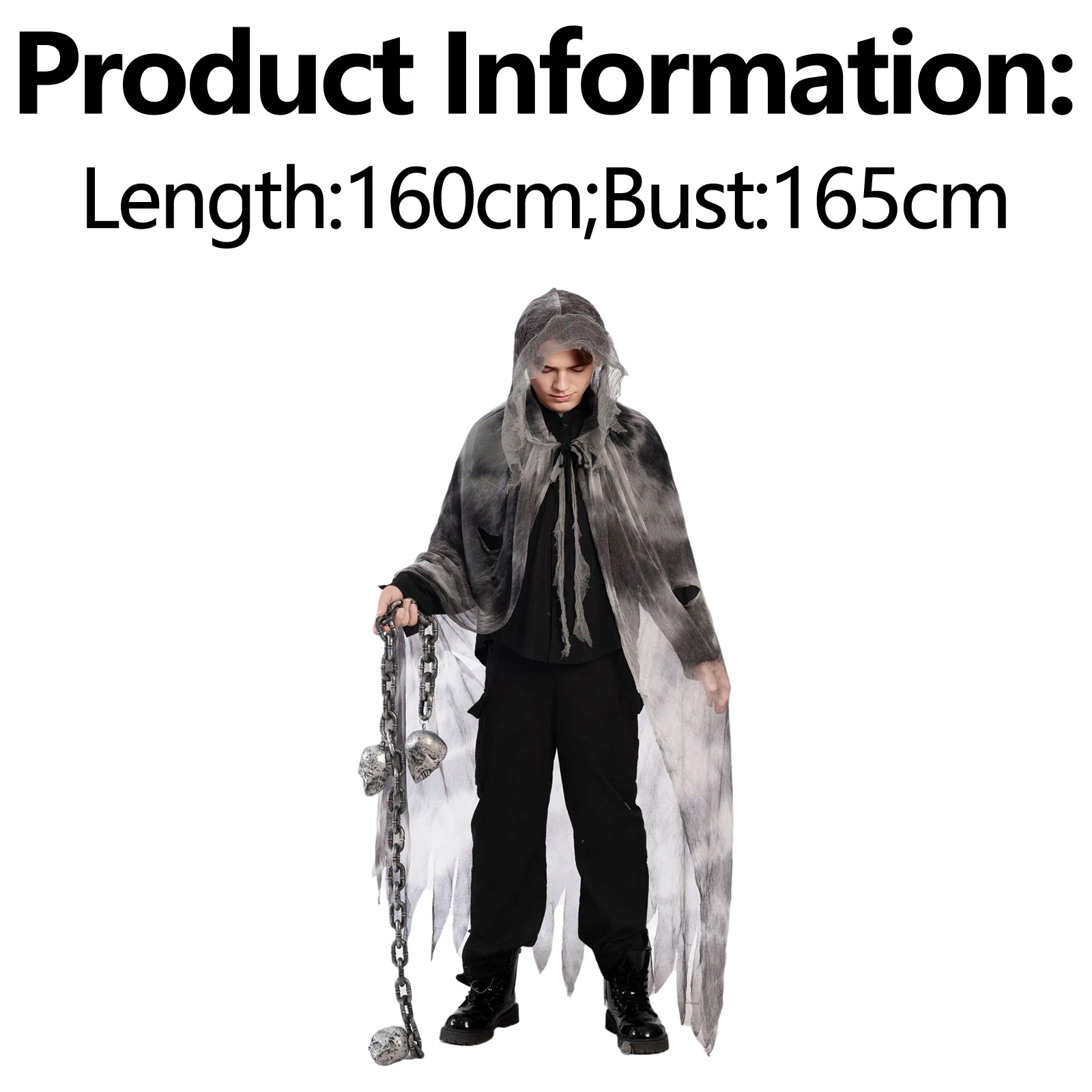 Men Women Hood Cloak with Exaggerated Ripped Mesh Lace-up Cape for Halloween Cosplay Theme Party Masquerade 6