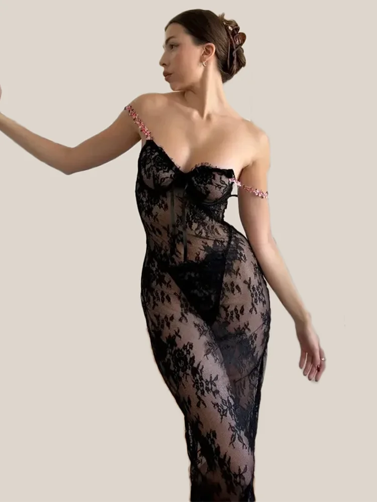 Women's Black Lace Maxi Lingerie Dress Underwire Corset Sheer Mesh Bodycon Long Chemise Sexy See Through Nightwear Outfit