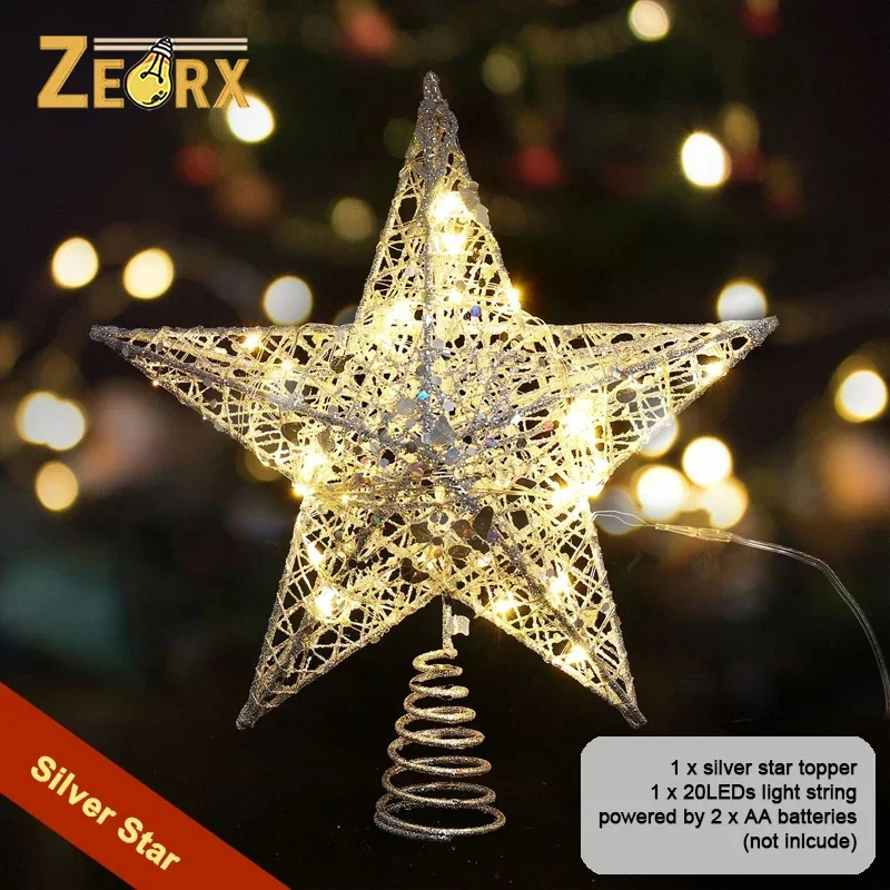 

Star Tree Topper with 20 LED Lights String, Metal Silver/gold Lighted Treetop Ornament Battery Operated for Christmas Tree Decor