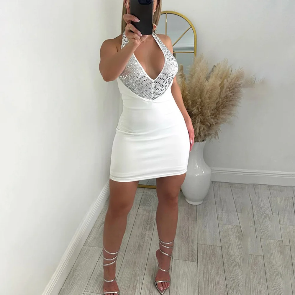 

Sexy Evening Dresses for Women Halter V Neck Backless Diamond Sheath Mini Length Elegant Evening Night Party Club Vestidos Mujer