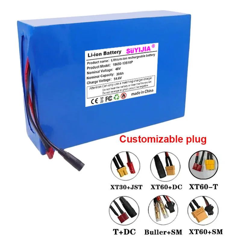 Brand New 48V 18650 Lithium Battery Pack 13S10P 30ah Rechargeable Battery with Built-in 30A BMS Suitable for 250-1500W Motors