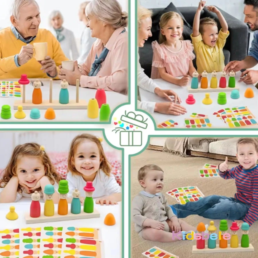 Wooden Puppet Shape Color Matching Game Montessori Learning Toy Puppet Hat Face Match Creative Stacking Desktop Toy for Toddler