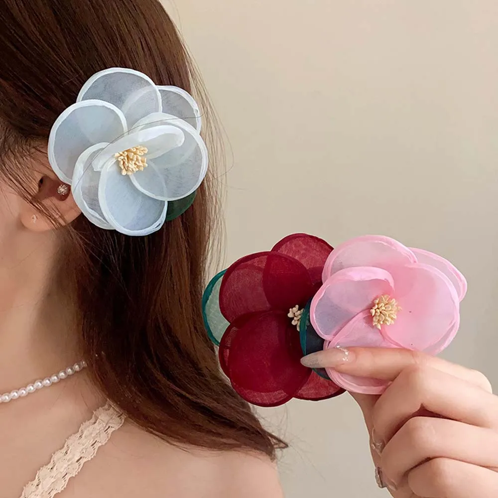 Korean Style Mesh Flower Hair Clip Duckbill Clip Female Hair Accessories Mesh Flower Hairpin Vacation Headwear Headdress