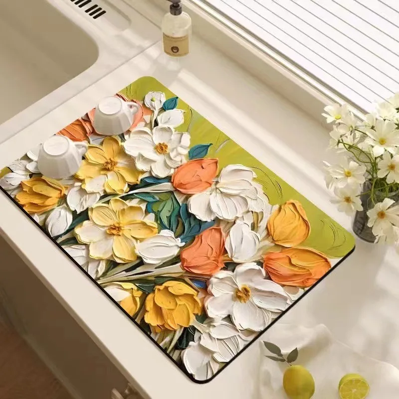 Oil Painting Style Flowers Print Drying Mat Soft Rubber Non-Slip Absorbent Stain-Resistant for Kitchen Coffee Bar Countertops