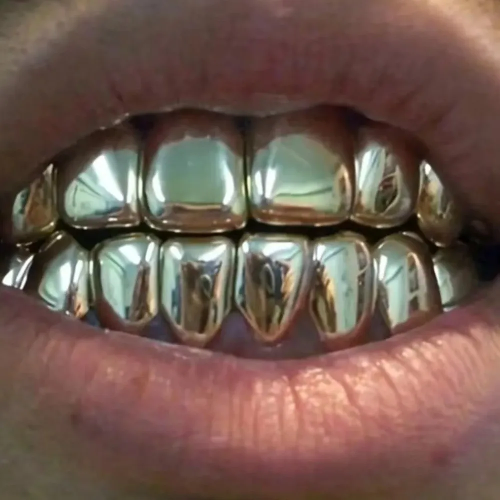 Glossy Finish Teeth Grillz Top Bottom Set Eco-friendly Copper Anti Slip Teeth Grillz Caps Shiny Silver Teeth Jewelry Party