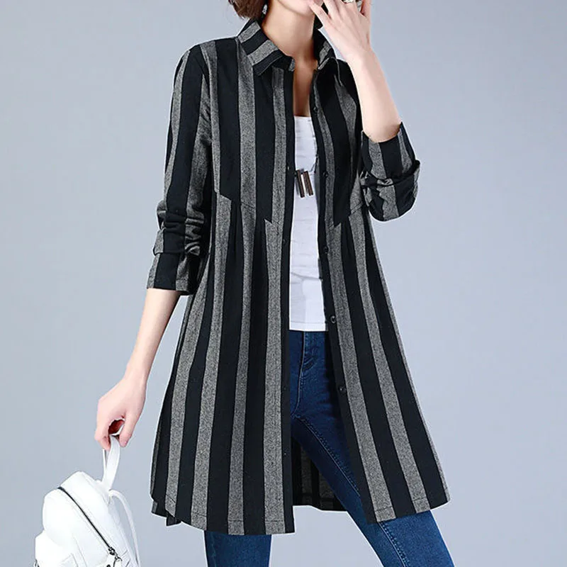 Striped Printed Casual Long Sleeve Pockets Blouse Autumn Fashion New Midi Turn-down Collar Korean Single-breasted Shirt Female