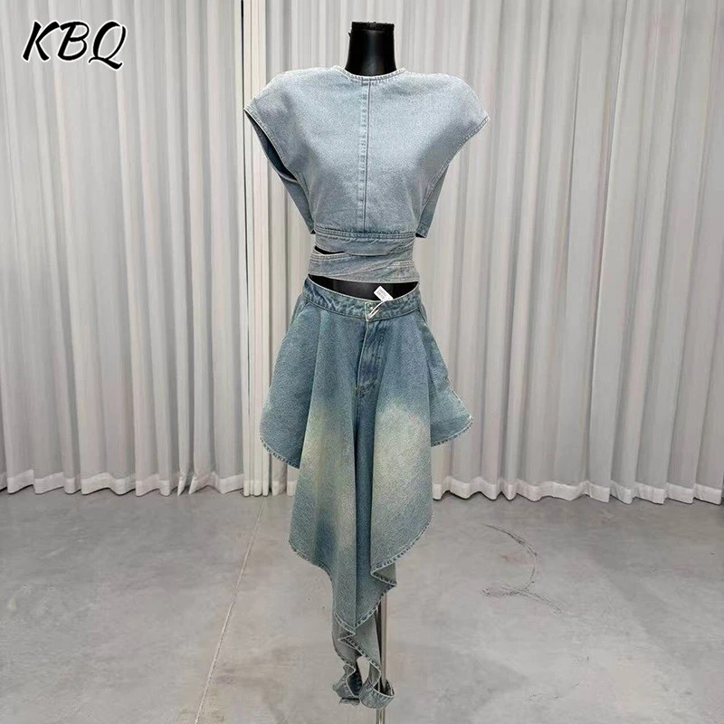 KBQ Blue Spliced Folds Two Piece Set Female O Neck Sleeveless T Shirt Streetwear Irregular Women's Pants Sets Summer Fashion New