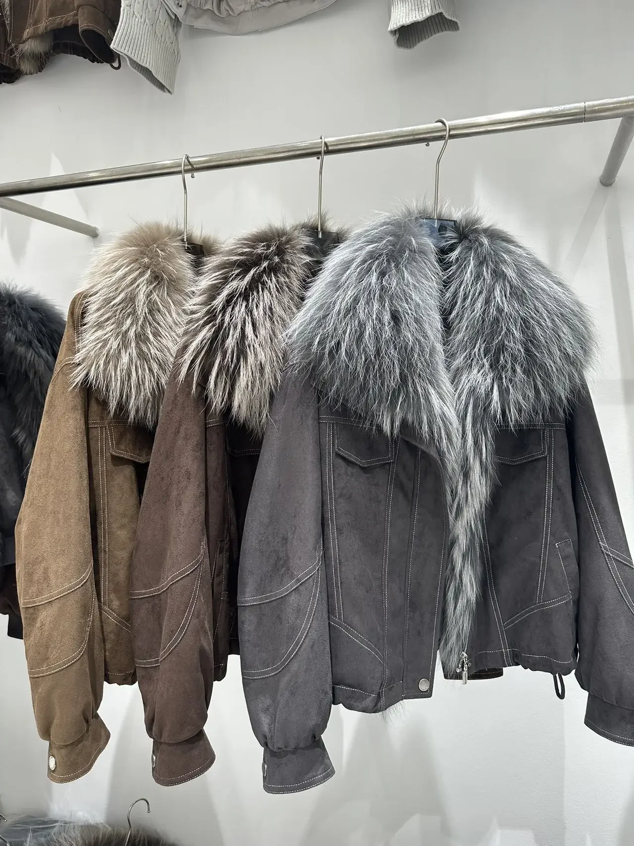 OFTBUY Real Fox Fur Oversized Collar Goose Down Jacket Winter Warm Zipper Drawstring Hem Outerwear Women Suede Cropped Coat
