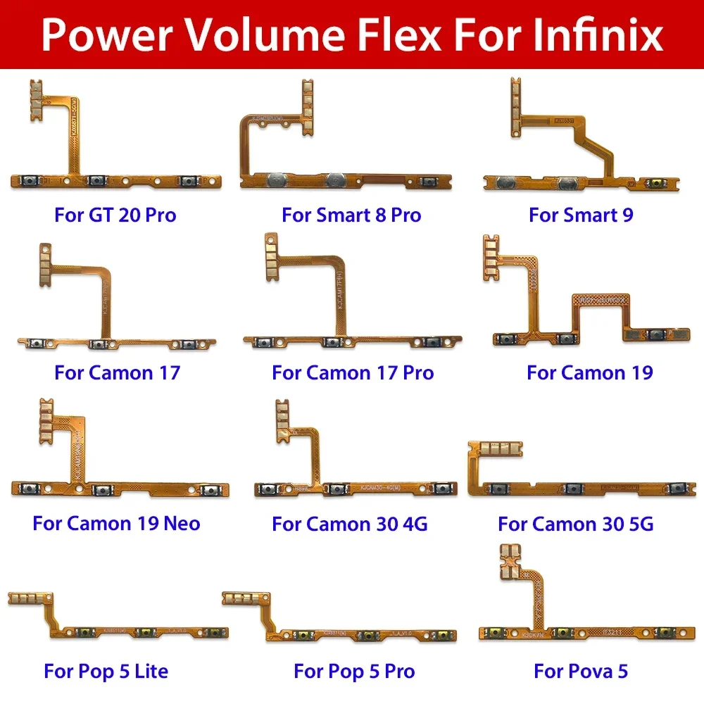 10 Pcs For Infinix GT 20 Pro Smart 6 HD X6511 Tecno Camon 17 Pro Pova 5 Power Swith on Off Volume Side Button Flex Cable