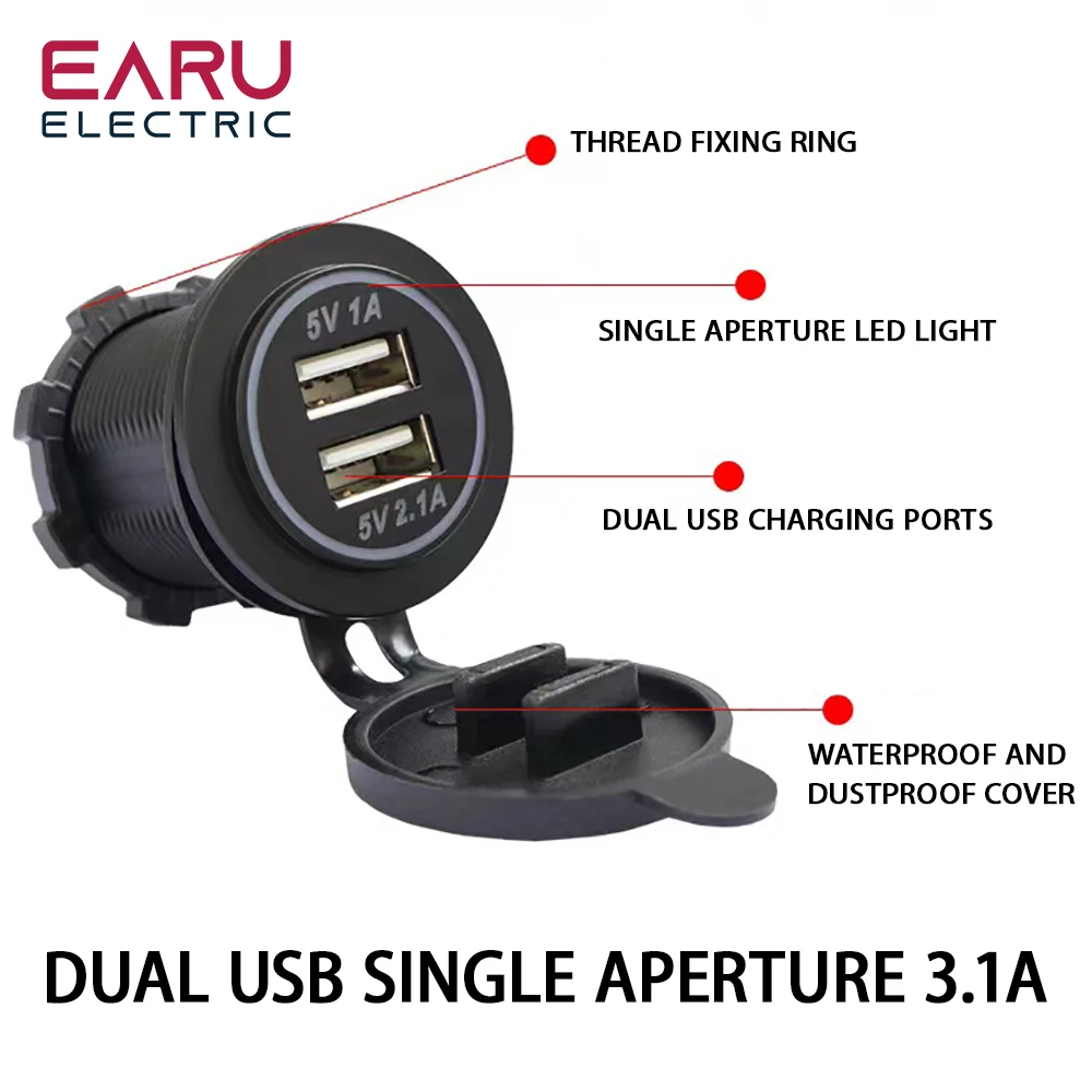 

12V-24V Dual USB Car accessories 5V 3.1A Car Charger with Panel Waterproof Power Adapter Socket Outlet for Car Marine Motorcycle
