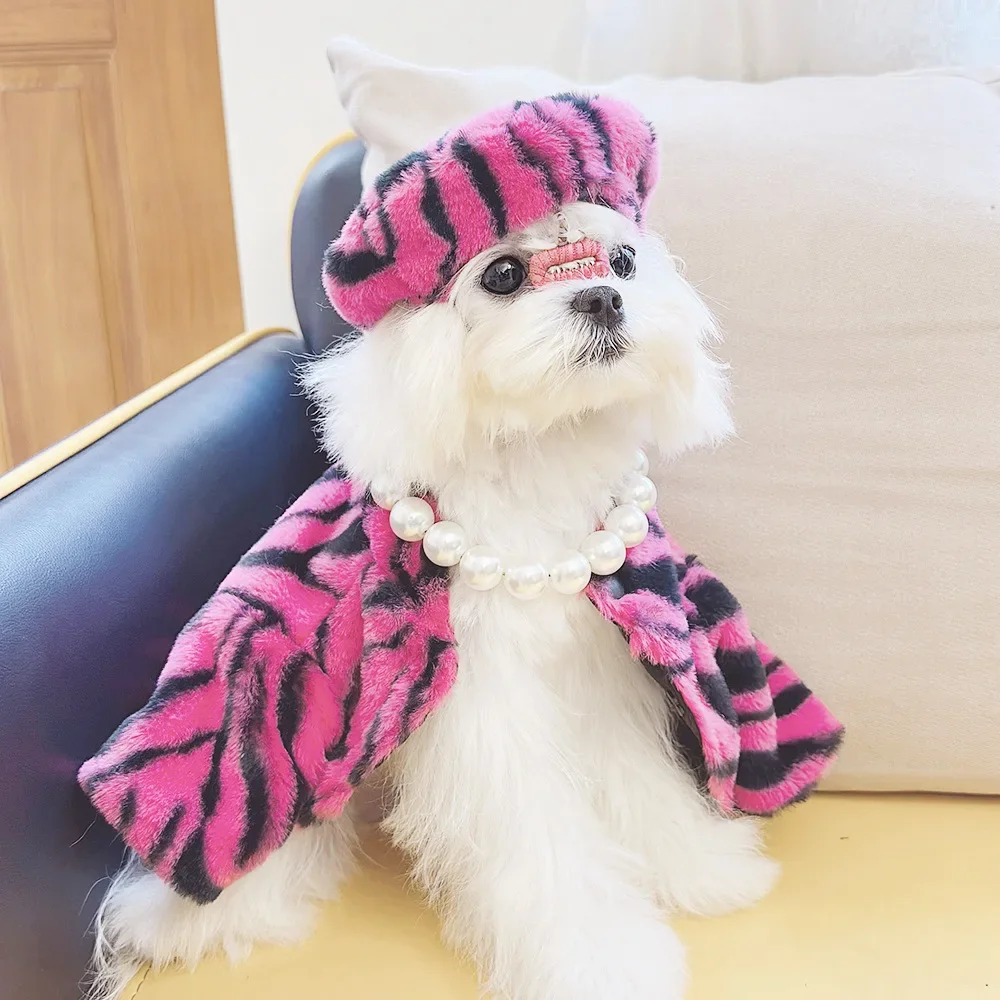 Pet Autumn and Winter Fur Cloak Striped Hat Dog Shawl Pet Clothes Winter Dog Clothes Leather Pet Coat Cat Clothes for Small Dogs