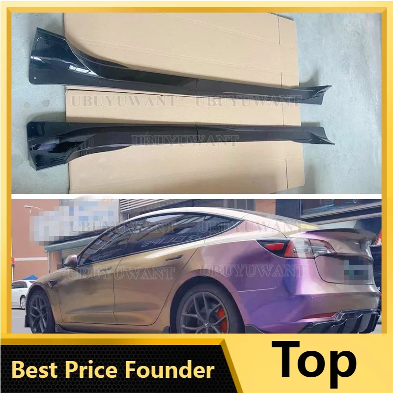 

For Tesla Model 3 AND MODEL Y 2018-2023+ 4 PCS GLOSSY BLACK / Carbon Fiber COLOR Body Kit Side Skirt Spoiler Accessories