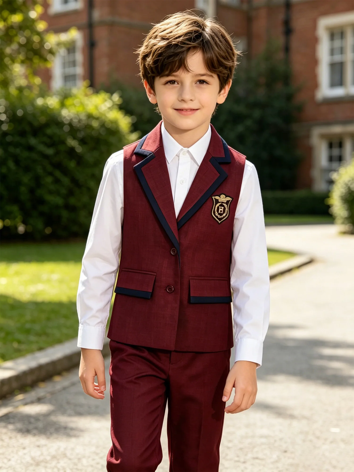 Kids Girls Contrasting Trim Waistcoat Primary School Uniform Top Sleeveless Button Suit Vest Formal Wedding Ceremony Costume