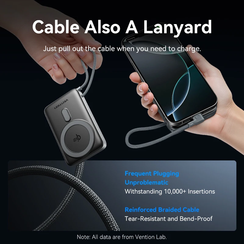 Магнитный блок питания Vention 10000 мАч 35 Вт Qi2 15 Вт со встроенным кабелем USB-C, быстрая зарядка PD 20 Вт, складная подставка, для iPhone